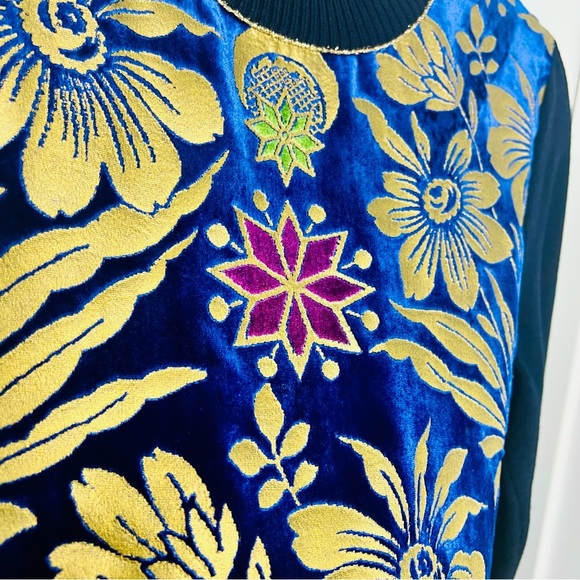 Tory Burch Hollis Cosmic Floral Velvet Foiled Gold Metallic Sweater Navy Blue S - Picture 8 of 12